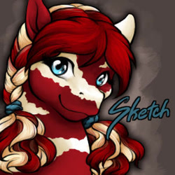 Size: 300x300 | Tagged: safe, artist:clemikou, imported from derpibooru, oc, oc only, oc:sketch (clemikou), earth pony, pony, 2010, braid, brown background, bust, female, icon, looking at you, mare, ponysona, portrait, simple background, smiling, smiling at you, stripes