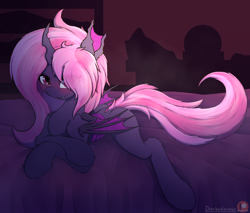 Size: 2180x1860 | Tagged: safe, artist:darbedarmoc, imported from derpibooru, changeling, pony, bat wings, fangs, horny, looking at you, lying down, solo, wings