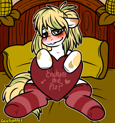 Size: 1743x1863 | Tagged: safe, artist:sexygoatgod, imported from derpibooru, oc, oc only, earth pony, pony, bed, bedroom eyes, clothes, female, heart, holiday, looking at you, pillow, socks, solo, stockings, striped socks, thigh highs, valentine's day