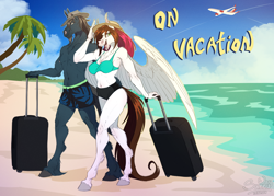 Size: 1600x1143 | Tagged: safe, artist:sunny way, imported from derpibooru, oc, oc:steven saidon, oc:sunny way, anthro, horse, pegasus, anthro horse, art, artwork, beach, case, clothes, digital art, duo, female, happy, hat, male, mare, ocean, plane, smiling, stallion, suitcase, swimsuit, vacation, warm, water