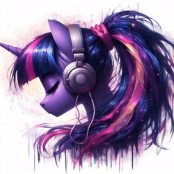 Size: 2048x2048 | Tagged: safe, imported from derpibooru, twilight sparkle, anthro, pony, ai content, ai generated, bust, eyes closed, generator:bing image creator, generator:dall-e 3, headphones, ponytail, prompter:enterusxrname, scrunchie, side view, simple background, solo, white background