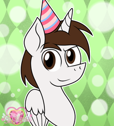 Size: 1937x2142 | Tagged: safe, artist:tanahgrogot, imported from derpibooru, oc, oc:neo star, alicorn, pony, happy birthday, hat, looking at you, male, party hat, smiling, smiling at you, solo, stallion, watermark