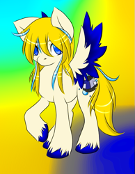 Size: 475x611 | Tagged: safe, artist:akurei269, imported from derpibooru, oc, oc only, oc:bubblebell, pegasus, pony, colored wings, pegasus oc, raised hoof, solo, spread wings, two toned wings, unshorn fetlocks, wings