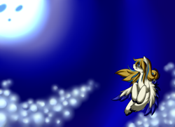 Size: 900x650 | Tagged: safe, artist:akurei269, imported from derpibooru, oc, oc only, oc:bubblebell, pegasus, pony, colored wings, flying, full moon, moon, night, sky, solo, two toned wings, unshorn fetlocks, wings