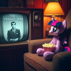 Size: 1024x1024 | Tagged: safe, imported from derpibooru, twilight sparkle, alicorn, pony, ai content, ai generated, chair, female, food, generator:bing image creator, generator:dall-e 3, lamp, mare, plushie, popcorn, prompter:pawels, sitting, television, the twilight zone, twilight sparkle (alicorn), watching tv, wrong cutie mark