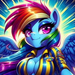 Size: 1024x1024 | Tagged: safe, imported from derpibooru, rainbow dash, anthro, absolute cleavage, ai content, ai generated, breasts, cleavage, clothes, generator:dall-e 3, jacket, looking at you, prompter:glimmy-glam, rolled up sleeves, simple background, smug, solo, unzipped, wonderbolts, zipper