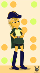 Size: 778x1418 | Tagged: safe, artist:wheatley r.h., derpibooru exclusive, imported from derpibooru, oc, oc only, oc:captain price, equestria girls, belt, boots, cape, captain hat, clothes, equestria girls-ified, female, hand on hip, shoes, shorts, shorts under skirt, simple background, skirt, solo, watermark, wooden sword