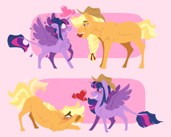 Size: 2691x2153 | Tagged: safe, artist:angstyram, imported from derpibooru, applejack, twilight sparkle, alicorn, earth pony, pony, accessory swap, accessory theft, apple, applejack's hat, blush lines, blushing, cowboy hat, female, food, grin, hat, heart, leonine tail, lesbian, missing cutie mark, mouth hold, shipping, smiling, tail, tail wag, twijack, twilight sparkle (alicorn)