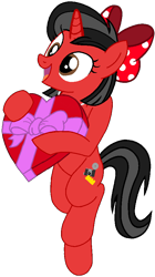 Size: 521x933 | Tagged: safe, artist:mickey1909, imported from derpibooru, oc, oc only, oc:minnie motion, pony, unicorn, bow, box of chocolates, female, hair bow, holiday, simple background, transparent background, valentine's day