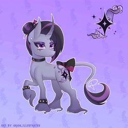 Size: 5000x5000 | Tagged: safe, artist:orion_illustrates, imported from derpibooru, oc, oc only, oc:dreamfall, pony, unicorn, comic:tales of the unseen, bow, bracelet, choker, colored hooves, curved horn, cutie mark, ear piercing, earring, eyeshadow, female, goth, hair bun, hairpin, horn, jewelry, leonine tail, makeup, mare, multicolored mane, multicolored tail, piercing, raised hoof, solo, studded bracelet, tail, tail bow, unicorn oc, unshorn fetlocks