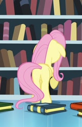Size: 694x1080 | Tagged: safe, imported from derpibooru, screencap, fluttershy, pegasus, pony, book, bookshelf, butt, cropped, featureless crotch, female, floppy ears, mare, plot, solo