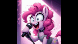 Size: 1280x720 | Tagged: prompter needed, safe, imported from derpibooru, pinkie pie, ai content, ai generated, animated, choker, clothes, cover, crazy face, faic, generator:dall-e 3, microphone, ripped, ripped shirt, shirt, singing, spiked choker, spiked wristband, spotlight, stage, webm, wristband