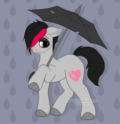Size: 2914x3012 | Tagged: safe, artist:goatburps, imported from derpibooru, oc, oc only, oc:miss eri, earth pony, pony, colored hooves, cutie mark, earth pony oc, emo, female, hair over one eye, holding, mare, multicolored mane, patterned background, rain, raised hoof, scar, self harm, self harm scars, solo, umbrella