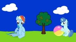 Size: 1073x601 | Tagged: safe, imported from twibooru, screencap, party favor, rainbow dash, pegasus, pony, unicorn, series:mlp animation's short films, series:piece of cake, ball, duo, hungry, image, needs more jpeg