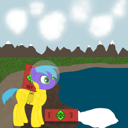 Size: 1700x1700 | Tagged: safe, artist:xada, imported from derpibooru, oc, earth pony, pony, barrel, blue mane, blue tail, cloud, cloudy, female, green eyes, hazmat suit, lake, mare, mountain, mountain range, purple coat, solo, tail, water