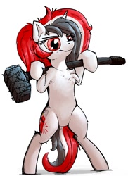 Size: 1000x1371 | Tagged: safe, artist:uteuk, imported from derpibooru, oc, oc only, oc:red rocket, semi-anthro, unicorn, angry, belly, bipedal, female, hammer, mare