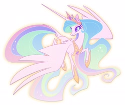 Size: 2665x2244 | Tagged: safe, artist:probablyfakeblonde, imported from derpibooru, princess celestia, alicorn, pony, female, horn, long horn, long mane, long tail, mare, simple background, smiling, solo, spread wings, tail, turned head, white background, wings