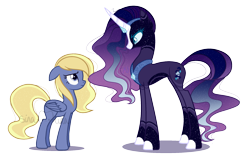 Size: 2133x1317 | Tagged: safe, artist:sinamuna, artist:stars-in-a-bottle, imported from derpibooru, oc, oc only, oc:elagora elegance, oc:whirlygig nightlight, pegasus, pony, unicorn, base used, blonde hair, blue hair, collaboration, duo, eye contact, gem, glare, horn, looking at each other, looking at someone, next gen crossover, next generation, parent:derpy hooves, parent:nightmare rarity, parent:princess luna, purple hair, simple background, striped mane, transparent background, wings