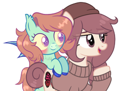 Size: 2140x1564 | Tagged: safe, artist:sinamuna, artist:strawberry-spritz, imported from derpibooru, oc, oc only, oc:pidge, oc:slitterbug, bat pony, earth pony, pony, base used, bat pony oc, bat wings, beanie, blushing, brown hair, brown mane, clothes, collaboration, cutie mark, duo, ear tufts, female, filly, foal, hat, simple background, smiling, sweater, transparent background, wings, younger