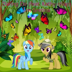 Size: 900x900 | Tagged: safe, artist:dashiesparkle, artist:sim gretina, artist:user15432, imported from derpibooru, daring do, rainbow dash, butterfly, insect, pegasus, pony, album, album cover, bush, clothes, daring do (feat. kathy-chan), explorer outfit, jungle, looking at you, open mouth, open smile, safari hat, sim gretina, smiling, smiling at you, tree, vine