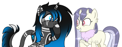 Size: 2408x928 | Tagged: safe, artist:catandcrowcreations, artist:sinamuna, imported from derpibooru, oc, oc only, oc:gillyflower, oc:lithium night, demon, demon pony, original species, pony, unicorn, base used, black hair, blue hair, body markings, collaboration, covering mouth, duo, grin, horns, leonine tail, neck fluff, purple hair, simple background, smiling, snickering, tail, transparent background