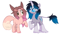 Size: 1841x1057 | Tagged: safe, artist:sinamuna, artist:traveleraoi, imported from derpibooru, oc, oc only, oc:cinnamon fawn, oc:sapphire belle, clydesdale, pony, unicorn, base used, best friends, black hair, blue eyes, blue hair, brown hair, chinchilla pony, duo, eye contact, fluffy tail, glasses, hazel eyes, leonine tail, looking at each other, looking at someone, pink hair, simple background, smiling, tail, transparent background, unshorn fetlocks