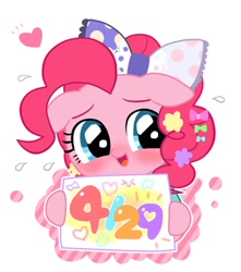 Size: 728x822 | Tagged: safe, artist:momo, imported from derpibooru, pinkie pie, earth pony, pony, blushing, bow, hair bow, hairclip, harajuku, holding sign, simple background, solo, sweat, white background