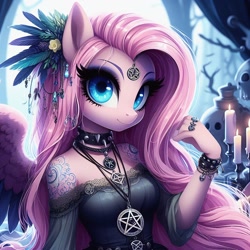 Size: 1024x1024 | Tagged: safe, imported from ponybooru, fluttershy, anthro, pegasus, ai content, ai generated, black dress, candle, clothes, dress, female, flower, flower in hair, generator:craiyon, goth, jewelry, looking at you, mare, necklace, night, pentagram, solo, wicca, witch