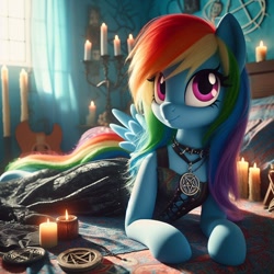 Size: 1024x1024 | Tagged: safe, imported from ponybooru, rainbow dash, pegasus, pony, ai content, ai generated, black dress, candle, clothes, dress, female, generator:craiyon, goth, indoors, lying down, mare, pentagram, prone, room, solo