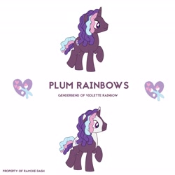 Size: 3600x3600 | Tagged: safe, artist:ramixe dash, imported from derpibooru, pony, unicorn, series:make your tale, series:make your tale season 2, concept, cutie mark, g5, g5 to g4, generation leap, male, older, plum rainbows, rule 63, simple background, stallion, text, violette rainbow, white background