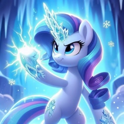 Size: 1024x1024 | Tagged: prompter needed, safe, imported from derpibooru, rarity, pony, unicorn, ai content, ai generated, female, generator:dall-e 3, hand, hind legs, ice, mare, solo