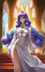 Size: 2560x4096 | Tagged: safe, editor:sammykun, imported from derpibooru, princess flurry heart, human, ai content, ai generated, breasts, busty princess flurry heart, castle, clothes, crown, dress, female, gem, generator:pony diffusion v6 xl, generator:purplesmart.ai, generator:stable diffusion, gold, high res, humanized, jewelry, long hair, long sleeves, looking at you, older, older flurry heart, prompter:sammykun, regalia, solo, standing, thighs