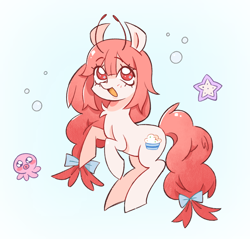 Size: 1280x1226 | Tagged: safe, artist:luckdevil, imported from derpibooru, oc, oc only, earth pony, pony, antennae, blushing, bow, bubble, cutie mark, earth pony oc, female, hair bow, league of legends, mare, open mouth, open smile, ponysona, ponytail, raised hoof, smiling, sona, standing on two hooves, tail, tail bow, wingding eyes