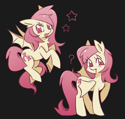 Size: 1280x1219 | Tagged: safe, artist:luckdevil, imported from derpibooru, fluttershy, bat pony, pegasus, pony, bat ponified, black background, blood, blushing, cutie mark, ear fluff, fangs, female, flutterbat, flying, folded wings, gradient mane, gradient tail, hooves in air, looking at you, mare, question mark, race swap, raised hoof, simple background, smiling, smiling at you, spread wings, standing, tail, wingding eyes, wings