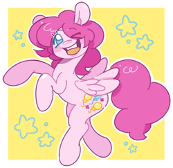 Size: 1280x1242 | Tagged: safe, artist:luckdevil, imported from derpibooru, pinkie pie, pegasus, pony, alternate design, blushing, cutie mark, eye clipping through hair, eyebrows, eyebrows visible through hair, female, mare, one eye closed, open mouth, open smile, pegasus pinkie pie, race swap, raised hoof, smiling, solo, spread wings, standing on two hooves, stars, wings, wink