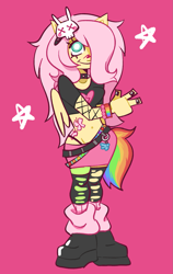 Size: 1103x1746 | Tagged: safe, artist:luckdevil, imported from derpibooru, fluttershy, anthro, pegasus, plantigrade anthro, alternate hairstyle, belly button, belt, boots, bracelet, choker, clothes, cutie mark tattoo, emo, emoshy, fishnet clothing, folded wings, hair accessory, hair over one eye, jewelry, keychain, leg warmers, leggings, miniskirt, painted nails, panties, pink background, pony ears, scene, shoes, short shirt, simple background, skirt, smiling, socks, spiked choker, stars, tattoo, thong, torn clothes, underwear, wings