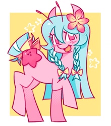 Size: 961x1094 | Tagged: safe, artist:luckdevil, imported from derpibooru, oc, oc only, earth pony, pony, starfish, antennae, bow, braid, braided ponytail, earth pony oc, female, flower, flower in hair, hair bow, looking at you, mare, open mouth, open smile, ponytail, raised hoof, redesign, short tail, smiling, smiling at you, solo, standing, tail, tail bow