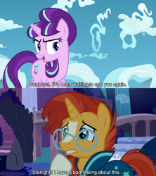 Size: 1280x1440 | Tagged: safe, edit, edited screencap, editor:jaredking779, imported from derpibooru, screencap, starlight glimmer, sunburst, pony, unicorn, season 5, season 9, student counsel, the cutie re-mark, spoiler:s09, caption, cloak, clothes, duo, female, glasses, male, mare, s5 starlight, stallion, sunburst's cloak, sunburst's glasses, text, this will end in equalization, this will not end well