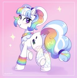 Size: 2377x2392 | Tagged: safe, artist:skysorbett, imported from derpibooru, oc, oc only, oc:top coat, earth pony, pony, accessory, butt, earth pony oc, female, looking at you, mare, multicolored hair, plot, rainbow hair, simple background, smiling, smiling at you, solo, underhoof