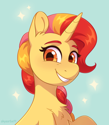 Size: 1834x2100 | Tagged: safe, artist:skysorbett, imported from derpibooru, oc, oc only, oc:peach bubble, pony, unicorn, bust, chest fluff, eyebrows, horn, looking at you, not sunset shimmer, portrait, simple background, smiling, smiling at you, solo, sparkles, unicorn oc