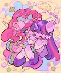 Size: 1699x2048 | Tagged: safe, artist:yanyannonoz, imported from derpibooru, pinkie pie, twilight sparkle, equestria girls, bow, clothes, duo, duo female, ear piercing, earring, female, freckles, hair accessory, hair bow, horn, jacket, jewelry, knee high socks, lesbian, long sleeves, looking at each other, looking at someone, one eye closed, open mouth, open smile, piercing, pony ears, ponytail, shipping, shoes, smiling, smiling at each other, socks, sparkles, twinkie, wingding eyes, wings