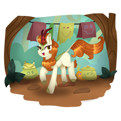 Size: 3000x3000 | Tagged: safe, artist:aasuri-art, imported from derpibooru, autumn blaze, kirin, sounds of silence, awwtumn blaze, cloven hooves, cute, dancing, forest, forest background, glowing, glowing eyes, glowing mane, golden eyes, high res, light skin, nature, solo, tree