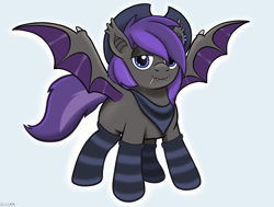 Size: 3300x2500 | Tagged: safe, artist:alcosaurus, imported from derpibooru, oc, oc only, bat pony, pony, bandana, cigarette, clothes, cowboy hat, ear piercing, hat, high res, piercing, simple background, smiling, socks, solo, spread wings, striped socks, white background, wings