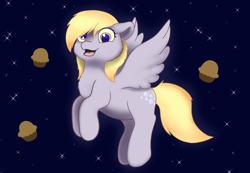 Size: 6500x4500 | Tagged: safe, artist:alcosaurus, imported from derpibooru, derpy hooves, pegasus, pony, absurd resolution, cute, female, food, hair over one eye, mare, muffin, open mouth, open smile, smiling, solo, space, spread wings, wings