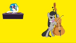 Size: 1080x607 | Tagged: safe, imported from twibooru, screencap, dj pon-3, octavia melody, vinyl scratch, earth pony, pony, unicorn, series:mlp animation's short films, series:octavia's practice, cello, dj booth, duo, duo female, female, image, musical instrument, needs more jpeg