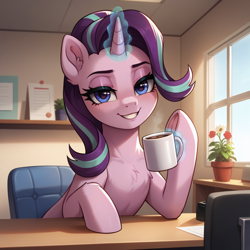 Size: 2048x2048 | Tagged: safe, imported from derpibooru, starlight glimmer, pony, unicorn, ai content, ai generated, bedroom eyes, blush lines, blushing, chair, chest fluff, chocolate, collarbone, desk, ear fluff, eyelashes, female, flower, flower pot, food, generator:confetticomrademix, generator:stable diffusion, glowing, glowing horn, high res, hooves on the table, horn, hot chocolate, indoors, leaning, leaning on table, levitation, lips, looking at you, magic, magic aura, mare, mug, office, office chair, paper, plant, potted plant, prompter:tyto4tme4l, smiling, smiling at you, solo, steam, teeth, telekinesis, underhoof, window