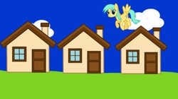 Size: 1080x606 | Tagged: safe, imported from twibooru, screencap, sunshower raindrops, pegasus, pony, series:bread for ponies, series:mlp animation's short films, flying, house, image, needs more jpeg, solo