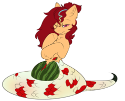 Size: 1788x1450 | Tagged: safe, artist:beardie, imported from derpibooru, oc, oc only, oc:anya heartsqueeze, lamia, original species, snake, snake pony, coiling, coils, crushing, female, food, fruit, red eyes, simple background, solo, transparent background, watermelon, watermelon crush