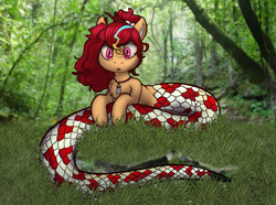 Size: 1833x1361 | Tagged: safe, artist:sondy, imported from derpibooru, oc, oc only, oc:anya heartsqueeze, lamia, original species, snake, snake pony, belly button, fangs, female, forest, forest background, hair tie, jewelry, nature, necklace, ponytail, real life background, red eyes, solo, tree