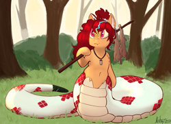 Size: 1493x1080 | Tagged: safe, artist:sondy, imported from derpibooru, oc, oc only, oc:anya heartsqueeze, lamia, original species, rabbit, snake, snake pony, animal, belly button, corpse, fangs, female, forest, hair tie, hunting, jewelry, nature, necklace, outdoors, red eyes, red mane, solo, spear, tree, weapon